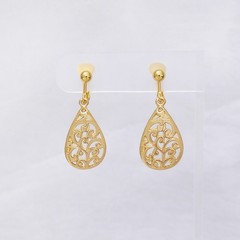 Vintage Clip On Earrings Gold Tone Ornate Cut Out Teardrop Shape Dangle Drop