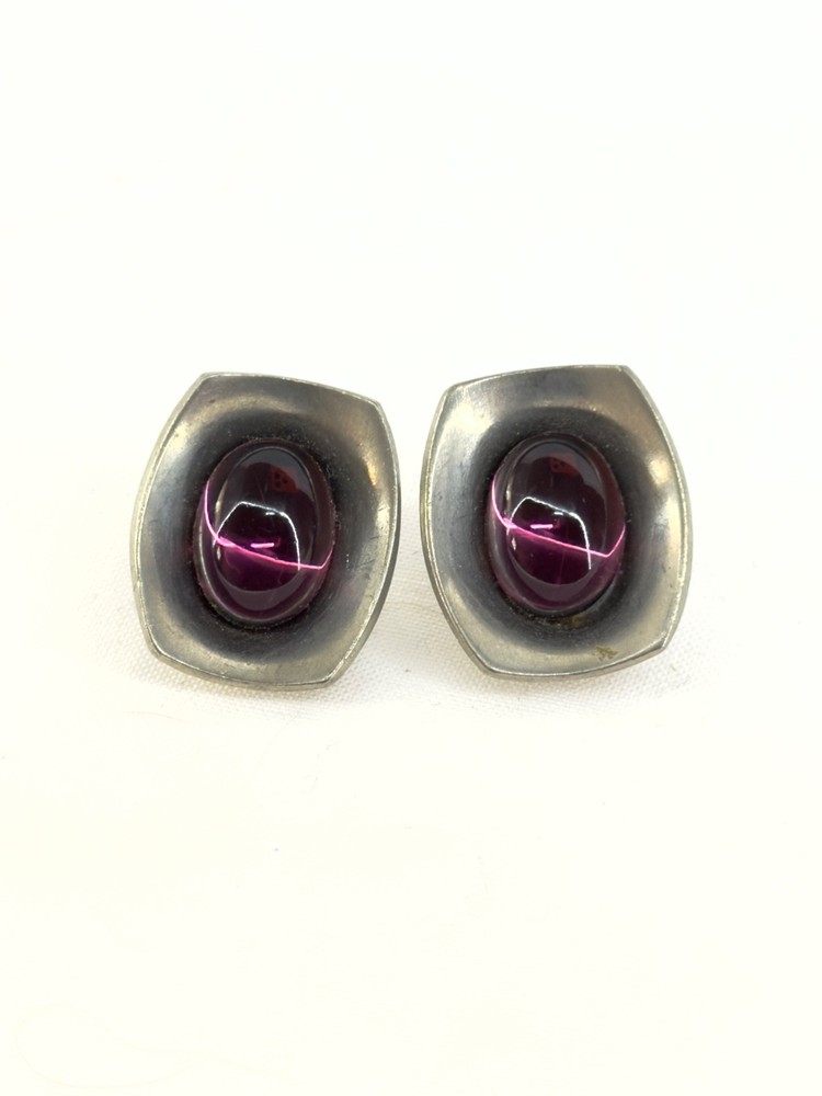 Vintage Jorgen Jensen Denmark Pewter Clip-On Earrings Red Glass Cabochon Modern