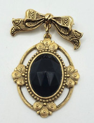 Vintage Victorian Deco Bow Dangle Cabochon Gold Tone Pin Brooch