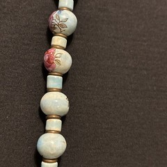 Vintage Hand Painted Porcelain Bead Necklace Turquoise Color Blue With Roses