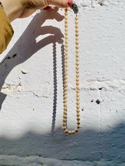 Antique 24″ Pearl Necklace, 18k Diamond Emerald Clasp, Spain Estate, 8 Diamonds