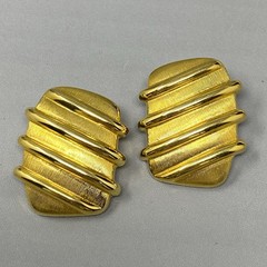 Dangle Drop Earrings Clip On Gold Tone Textured Raised Stripe Chunky Vtg 1.25″