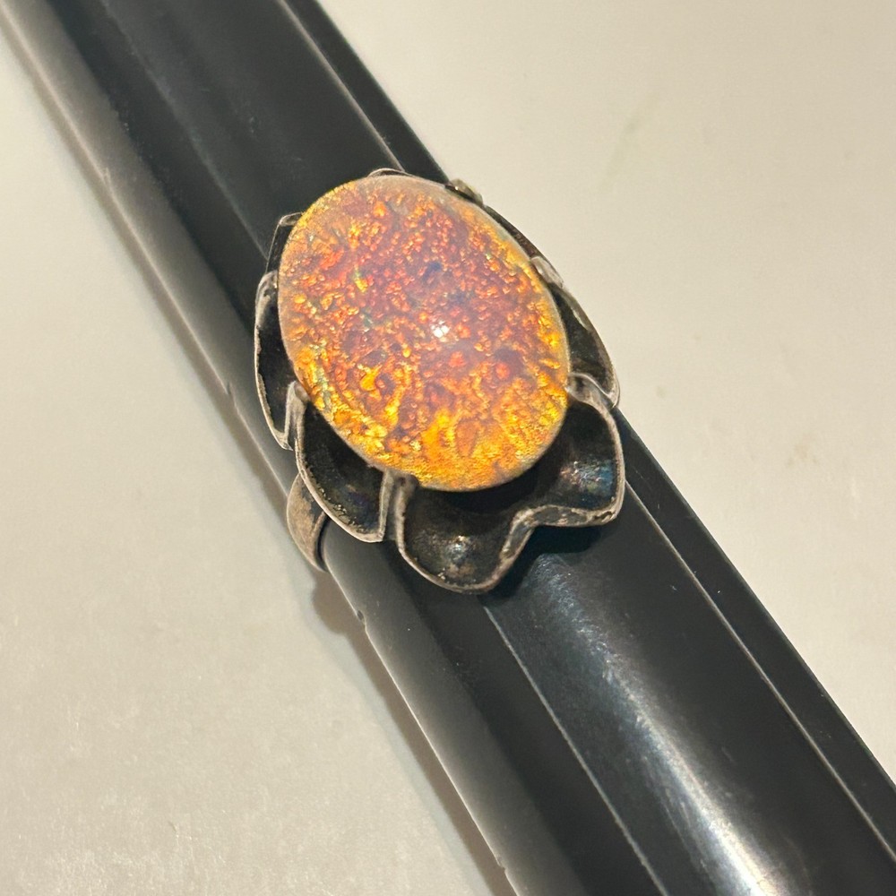 Vtg Sterling 925 Faux Opal Glass Oval Cocktail Ring Sz 8.5