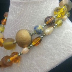 Vintage Long Beaded Glass Necklace Honey Tones Czech Frosted Satin 32 In Length