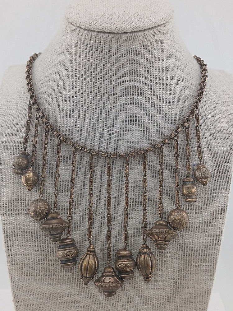 Victorian Revival Russian Gold Festoon Bib Dangling ribbed orbs Collar necklace