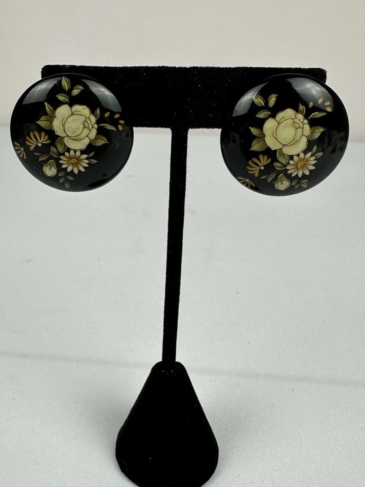 Vintage Black Floral Dome Earrings Gold Cream Statement Stud Retro