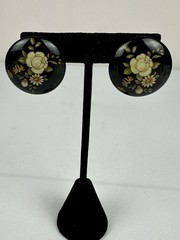 Vintage Black Floral Dome Earrings Gold Cream Statement Stud Retro