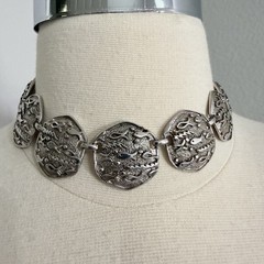 Judy Lee collar necklace vintage silver tone necklace wide panels fish design