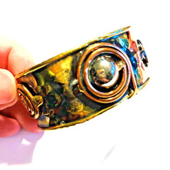 Vintage Artisan Jewelry Cuff Bracelet Handmade Crafted Mixed Metals Art To Wear