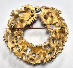 Vintage Signed ART Arthur Pepper Enamel Holly & Rhinestone Wreath Pin / Brooch