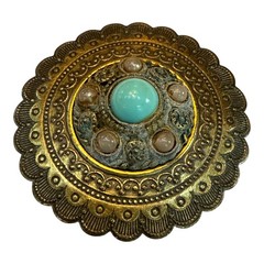 Czech 1950s Brass Brooch Faux Turquoise Cabochon Vintage Filigree Costume Jewel