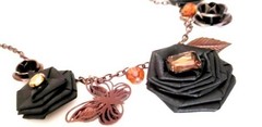 Women’s Vintage Black Silk Rose Metal Rose Copper Butterfly Leaf Necklace