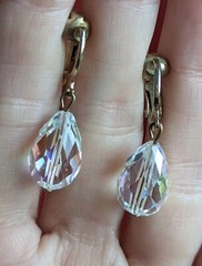 Vintage MCM Faceted Glass AB Aurora Borealis Dangle Gold Tone Clip On Earrings