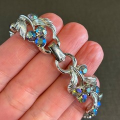 Vintage Rhinestone Bracelet Lisner Aurora Borealis Silver Tone Leaf Design