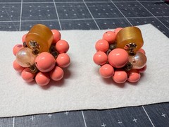 Vintage 1950s peach Cluster Flower Earrings Faux Rhinestones Clip-On