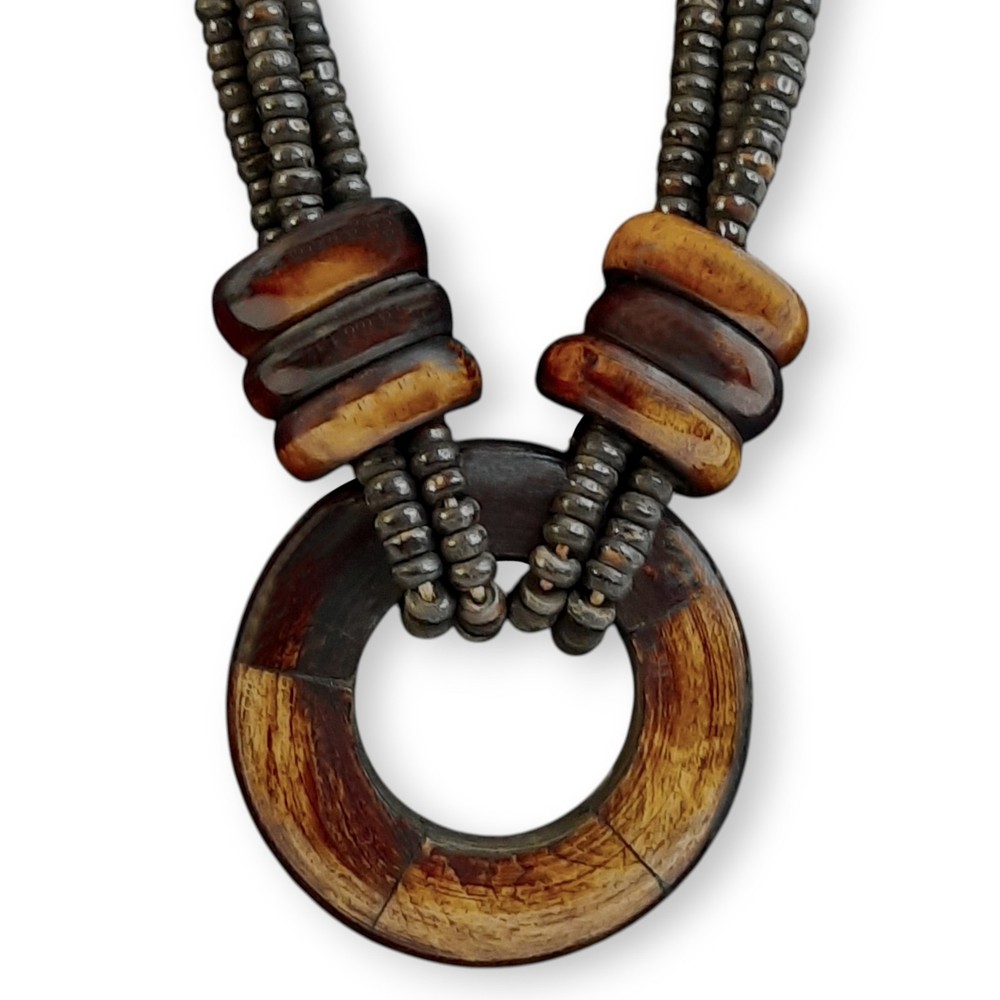 Wooden O-Ring Chunky Boho Necklace Organic Tribal Beads Needs Restrung Ethnic DM