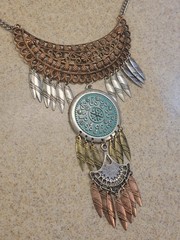 Tribal 18in Bib Necklace Copper And Silver Tone Dangling Feathers Boho Vintage