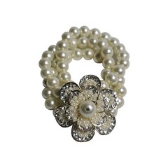 Large Bracelet Rhinestone & Faux Pearl 3 Strand Stretchable Bracelet Silver Tone
