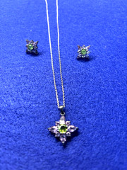 Vintage Sterling Amethyest & Peridot Flower Shape Neck;ace & Pierced Earrings