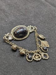 Vtg Victorian Revival Dangle Charm Brooch Black Cabochon Bronze Tone Emo Gothic