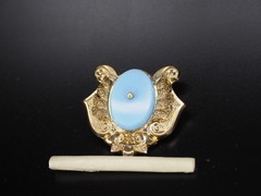 Antique gold brooch blue opaline glass hollow pin tube hinge C-clasp jewelry