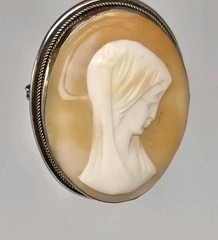 Carved Shell Virgin Mary Cameo Brooch Pin / Pendant 800 Silver Antique 1.25 Inch