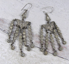 Vintage Pot Metal Clear Paste Stones Chandelier Dangle Earrings 1940s Linear