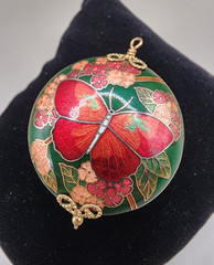 Vintage Cloisonne Enamel Butterfly Pendant Round Solid Charm Floral Green 14g