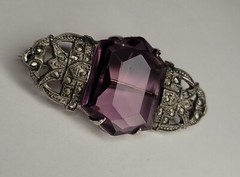 Vintage Marcasite Rhinestones Huge Purple Glass Stone Brooch