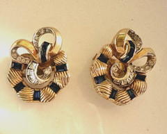 Vintage Signed Mazer Jomaz Galaxy Sapphire Glass & Rhinestone Gold Tone Earrings