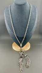 Vintage Tassel Necklace Rhinestone Bolo Style Silver Tone Chain 26”
