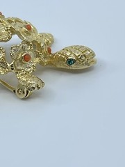 Vintage Brooch Pin De Nicola turtle faux coral and green rhinestone 1-3/4″