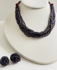 Vintage Multi-Strand Purple Peacock Seed Bead Choker Necklace Matching Earrings