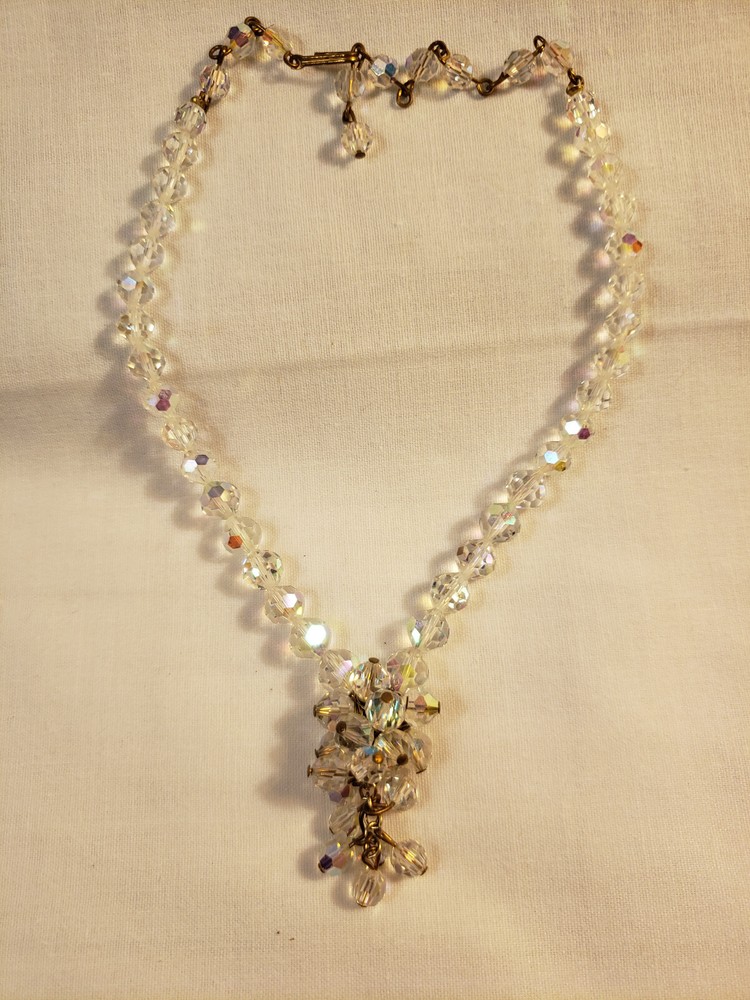 Vintage AB crystal beaded necklace w/tassel child’s necklace 14.5″