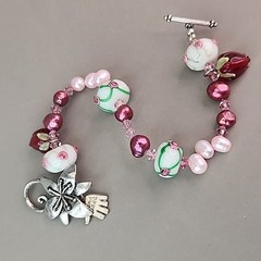 Glass Beaded Bracelet Lampwork Pink Freshwater Pearl Handmade 6.75″
