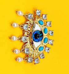 Gold Tone Faux Pearls & Rhinestones Acrylic Eye Brooch Contemporary