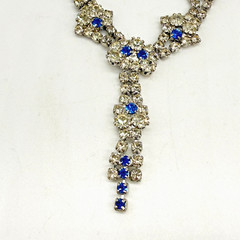 Vintage Y Drop Necklace Blue Clear Glass Rhinestones Wedding Prom 17 Inches