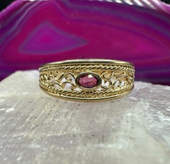 Garnet Filigree Band Ring Vintage 14K Yellow Gold Size 7.5