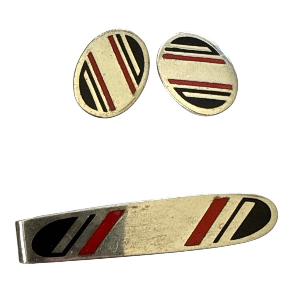 Vintage Simmons Sterling Silver Cufflinks Tie clip red Black Enamel Striped MCM
