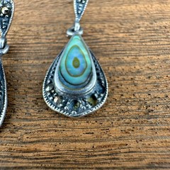 Vintage Earrings Sterling 925 Abalone Teardrop Dangle Pierced Marcasite READ