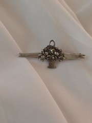Antique Sterling Flower Basket Pin Trombone Clasp Brooch Sterling Silver