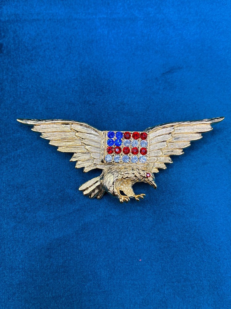 Vintage Gold Tone Rhinestone Patriotic Pin Brooch Eagle American Flag 3 1/8″
