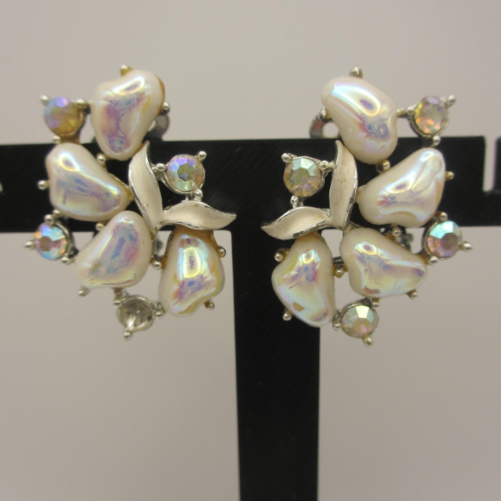 Vintage Rhinestone Earrings Iridescent Enamel Silver Tone Clip On ONE MISSING AB