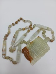 Vintage Mexican Onyx Carved Aztec Pendant Necklace Banded Calcite Stone Made in