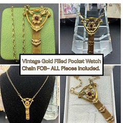 Vintage 12k Gold Filled Pocket Watch Chain Mesh Necklace FOB, Dog Clip, Red Gem