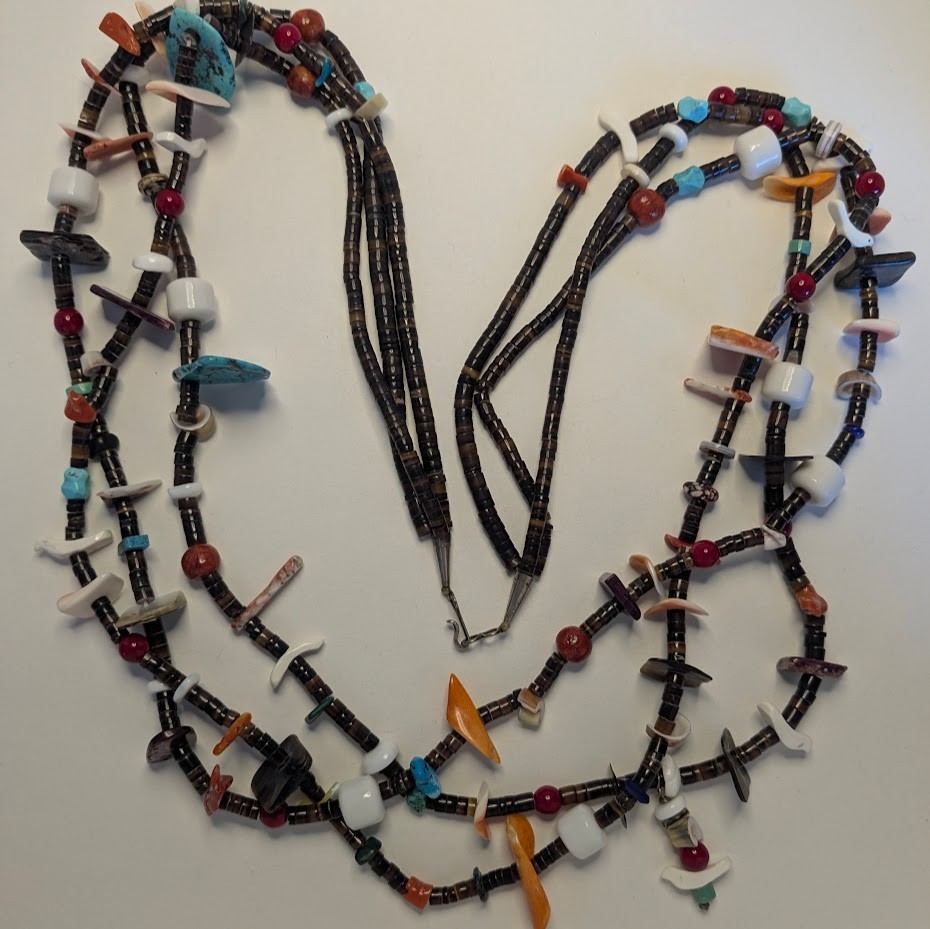 Vintage Southwest Inspired 3 Strand Necklace with Carved Stone Birds 32 in