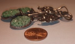 Vintage Chinese Carved Jadeite 3 Flowers Sterling Silver Leaves Brooch Jade Pin