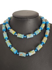 Vintage Blue Polymer Clay Barrel Beads Butterfly Floral Printed Design Necklace