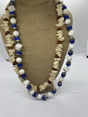 Lot 2 Pc Vtg Chunky Necklaces Blue Silver & White & Shell w Faux Amber Nuggets