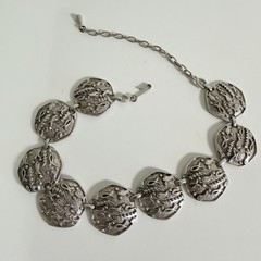 Judy Lee collar necklace vintage silver tone necklace wide panels fish design